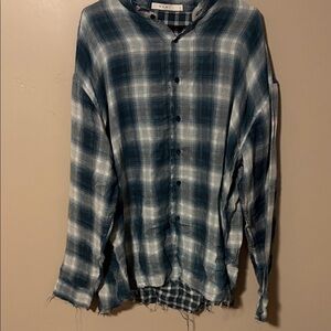 MNML Distressed Blue and White Plaid Shirt